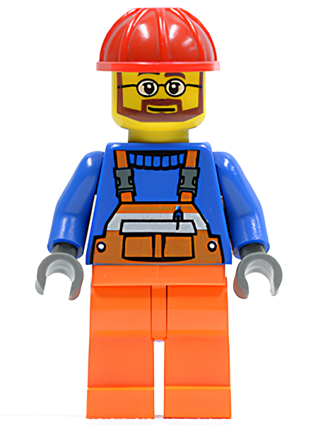 Минифигурка Lego Overalls with Safety Stripe Orange, Orange Legs, Red Construction Helmet, Beard and Glasses cty0096